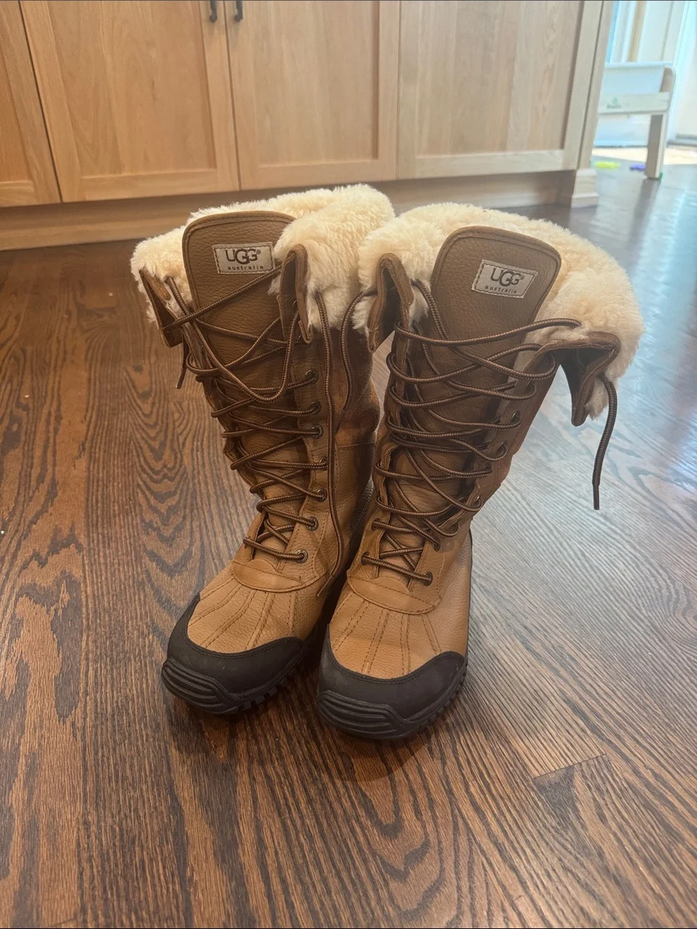 UGG Brown Lace-Up Shearling-Trim Tall Winter Boots